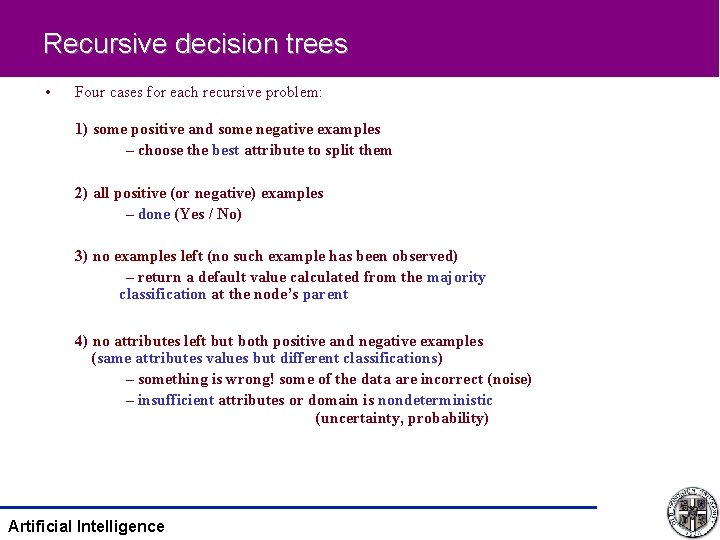 Recursive decision trees • Four cases for each recursive problem: 1) some positive and