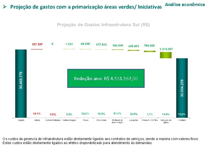 Ø Projeção de gastos com a primarização áreas verdes/ Iniciativas Análise econômica Redução ano: