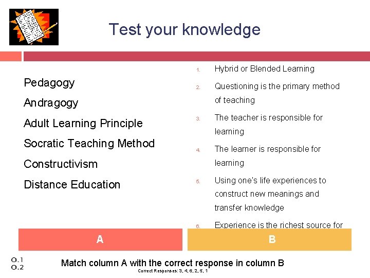 Test your knowledge Pedagogy 1. Hybrid or Blended Learning 2. Questioning is the primary
