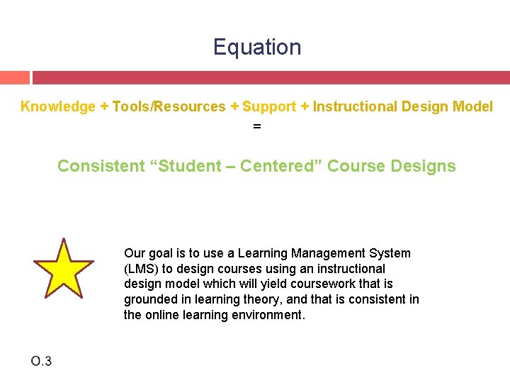 Equation Knowledge + Tools/Resources + Support + Instructional Design Model = Consistent “Student –