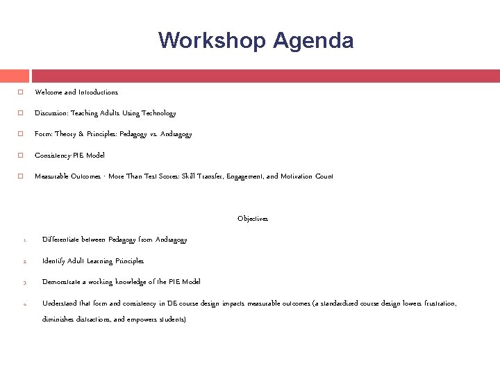 Workshop Agenda Welcome and Introductions Discussion: Teaching Adults Using Technology Form: Theory & Principles: