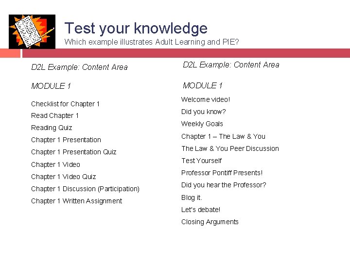 Test your knowledge Which example illustrates Adult Learning and PIE? D 2 L Example: