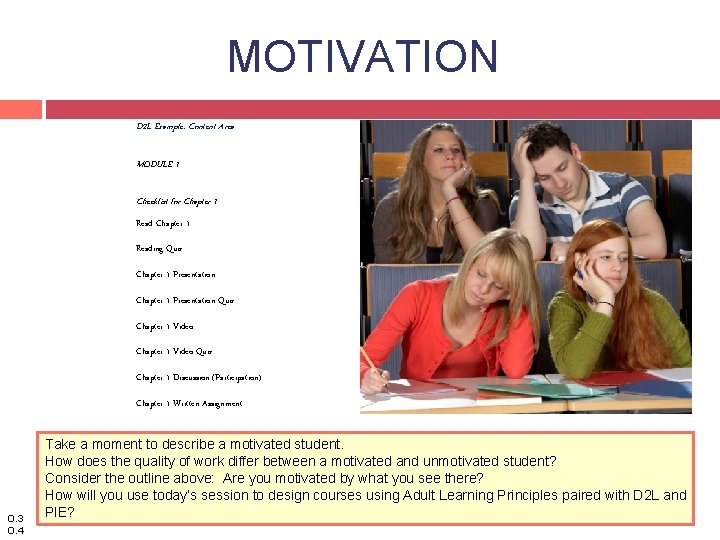 MOTIVATION D 2 L Example: Content Area MODULE 1 Checklist for Chapter 1 Reading