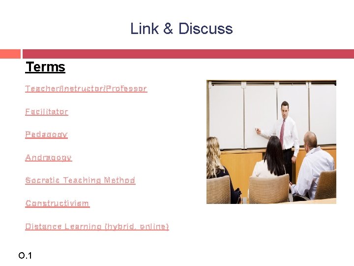 Link & Discuss Terms Teacher/Instructor/Professor Facilitator Pedagogy Andragogy Socratic Teaching Method Constructivism Distance Learning