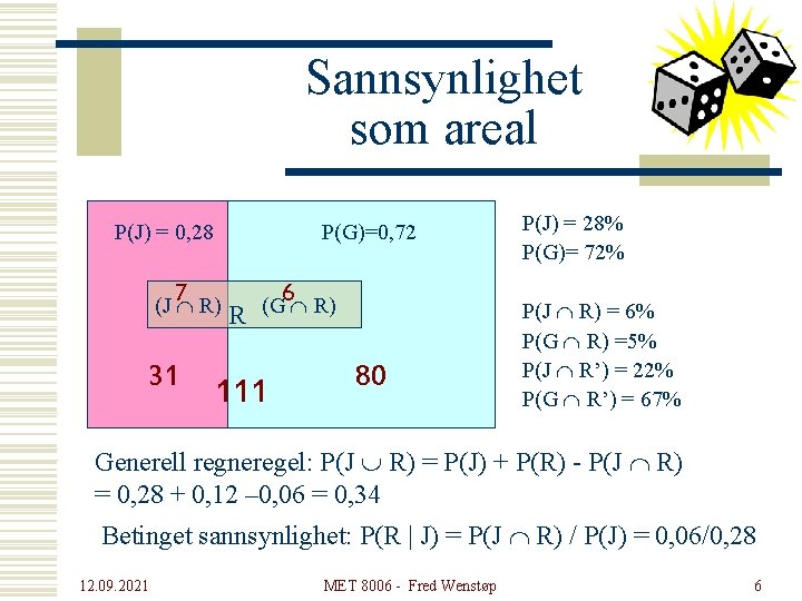 Sannsynlighet som areal P(J) = 0, 28 7 P(G)=0, 72 (J Ç R) 31