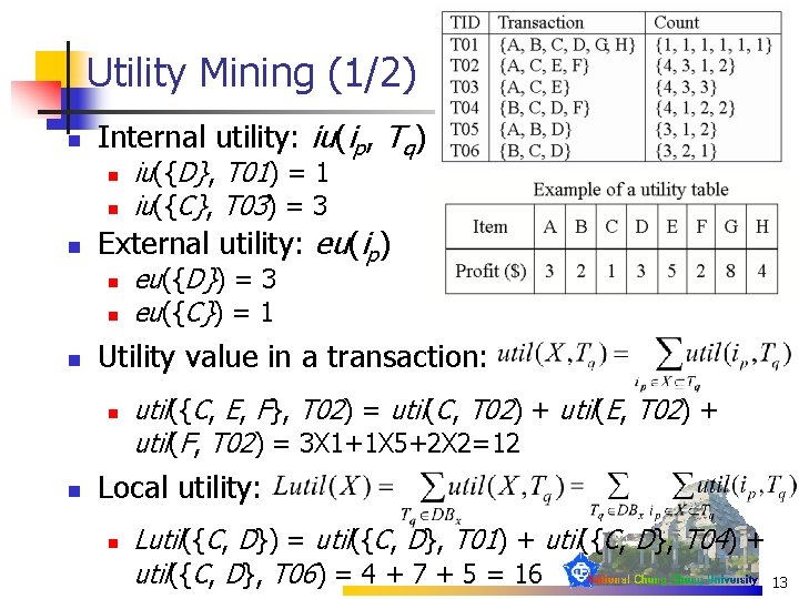 Utility Mining (1/2) n Internal utility: iu(ip, Tq) n n n External utility: eu(ip)