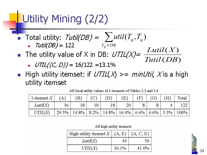 Utility Mining (2/2) n Total utility: Tutil(DB) = n n The utility value of