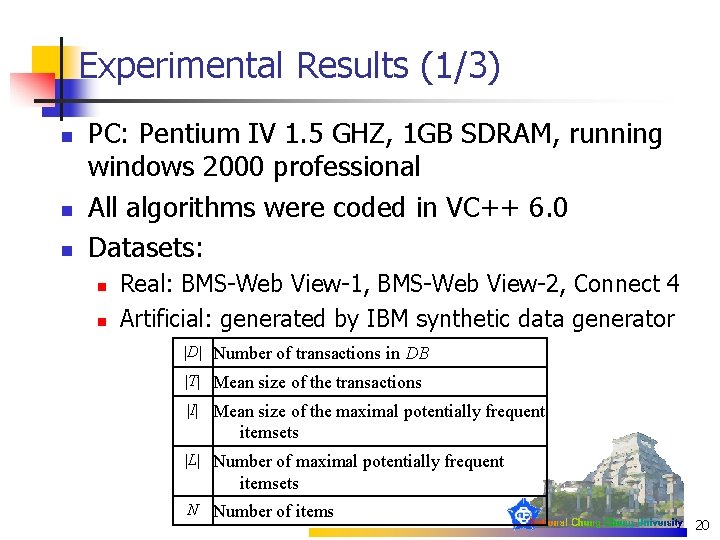 Experimental Results (1/3) n n n PC: Pentium IV 1. 5 GHZ, 1 GB