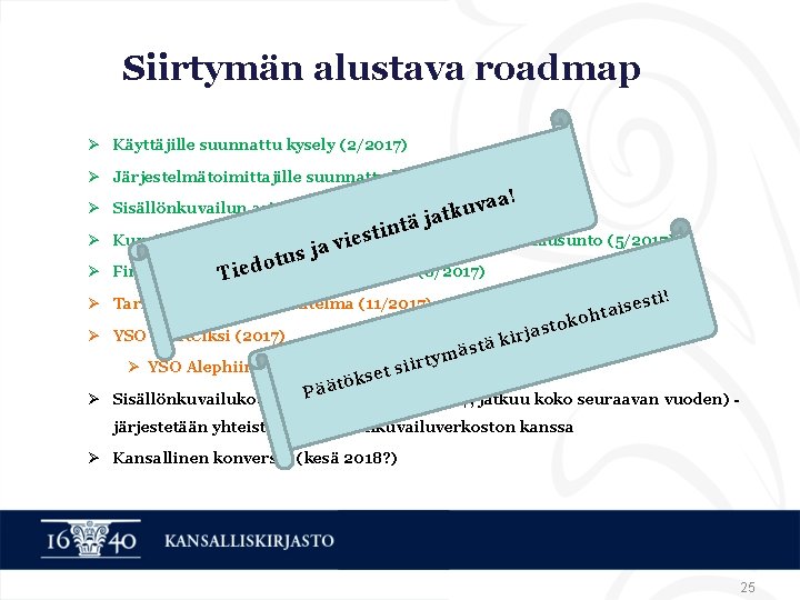 Siirtymän alustava roadmap Ø Käyttäjille suunnattu kysely (2/2017) Ø Järjestelmätoimittajille suunnattu kysely (5/2017) !