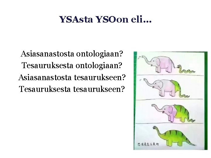 YSAsta YSOon eli… Asiasanastosta ontologiaan? Tesauruksesta ontologiaan? Asiasanastosta tesaurukseen? Tesauruksesta tesaurukseen? 