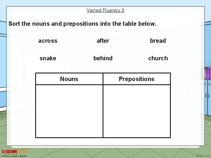 Varied Fluency 3 Sort the nouns and prepositions into the table below. across after