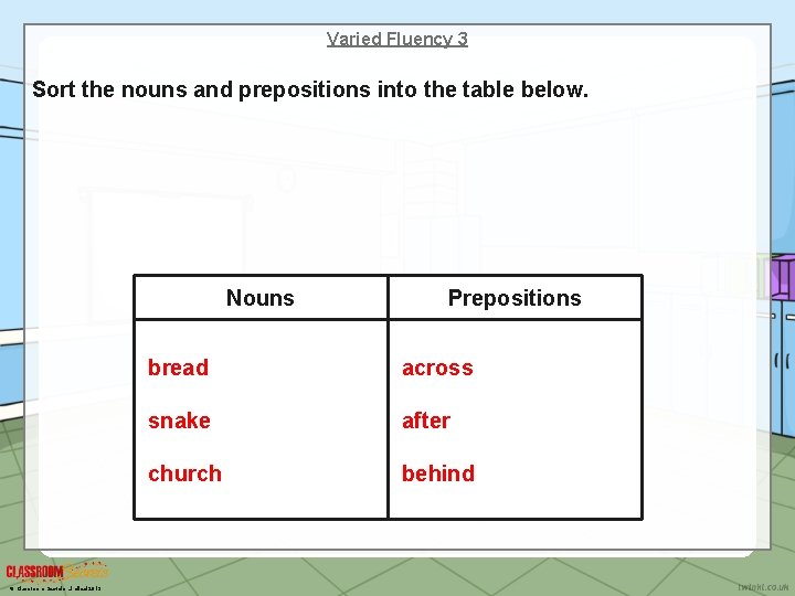 Varied Fluency 3 Sort the nouns and prepositions into the table below. Nouns ©