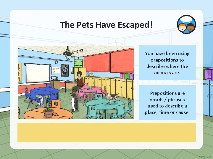 The Pets Have Escaped! You have been using prepositions to describe where the animals