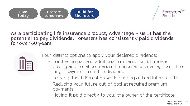 Live today Protect tomorrow Build for the future As a participating life insurance product,