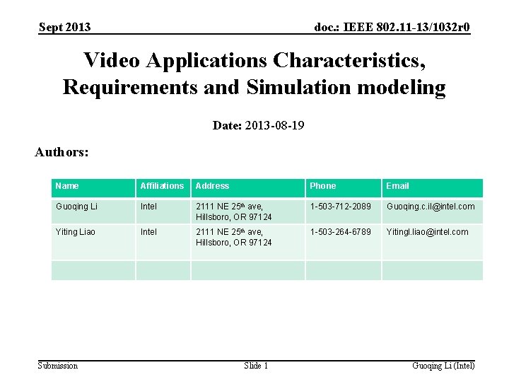 Sept 2013 doc. : IEEE 802. 11 -13/1032 r 0 Video Applications Characteristics, Requirements