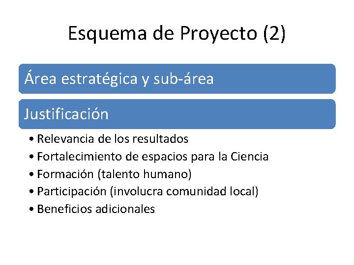 Esquema de Proyecto (2) Área estratégica y sub-área Justificación • Relevancia de los resultados