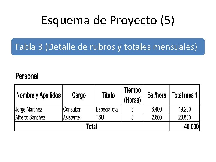 Esquema de Proyecto (5) Tabla 3 (Detalle de rubros y totales mensuales) 