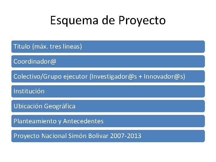 Esquema de Proyecto Título (máx. tres líneas) Coordinador@ Colectivo/Grupo ejecutor (Investigador@s + Innovador@s) Institución