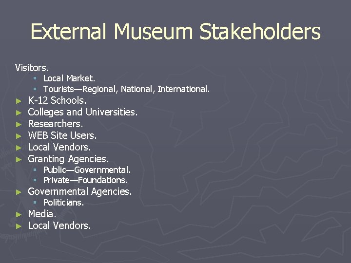 External Museum Stakeholders Visitors. § Local Market. § Tourists—Regional, National, International. ► ► ►