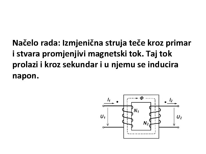 Načelo rada: Izmjenična struja teče kroz primar i stvara promjenjivi magnetski tok. Taj tok