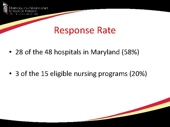 Response Rate • 28 of the 48 hospitals in Maryland (58%) • 3 of