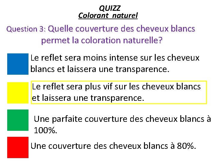 QUIZZ Colorant naturel Question 3: Quelle couverture des cheveux blancs permet la coloration naturelle?