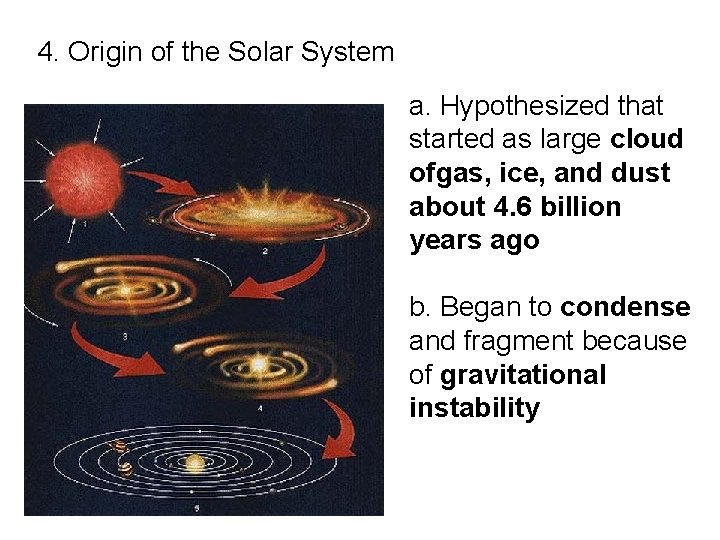 4. Origin of the Solar System a. Hypothesized that started as large cloud ofgas,