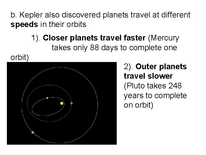 b. Kepler also discovered planets travel at different speeds in their orbits 1). Closer