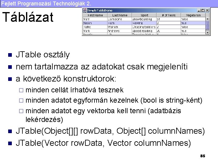 Fejlett Programozási Technológiák 2. Táblázat n n n JTable osztály nem tartalmazza az adatokat