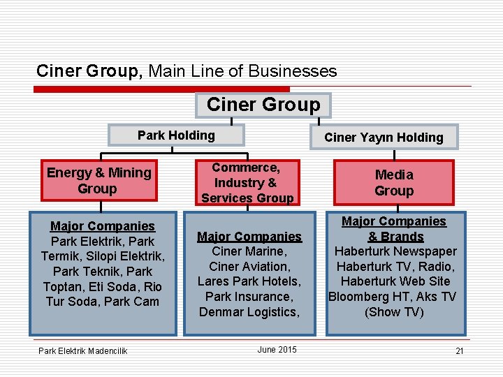 Ciner Group, Main Line of Businesses Ciner Group Park Holding Energy & Mining Group