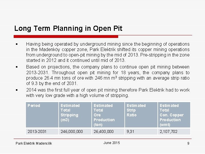 Long Term Planning in Open Pit § § § Having being operated by underground