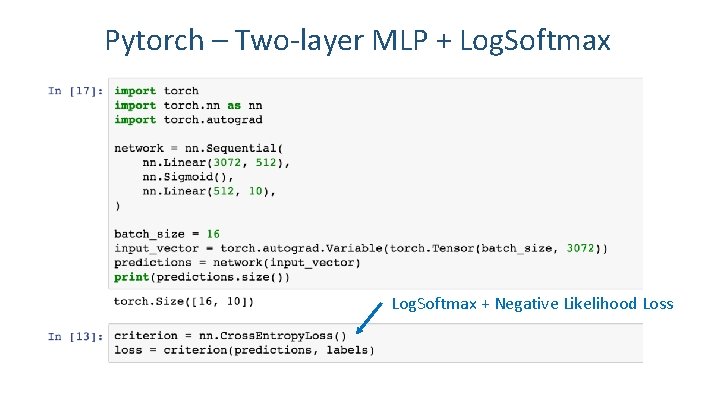 Pytorch – Two-layer MLP + Log. Softmax + Negative Likelihood Loss 