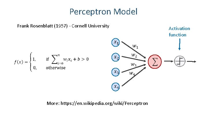 Perceptron Model Frank Rosenblatt (1957) - Cornell University More: https: //en. wikipedia. org/wiki/Perceptron Activation