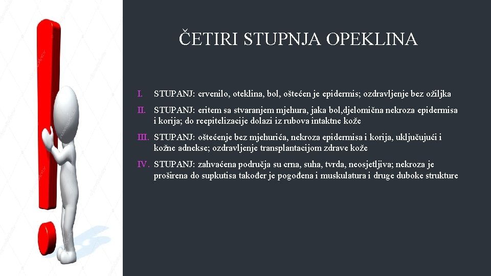 ČETIRI STUPNJA OPEKLINA I. STUPANJ: crvenilo, oteklina, bol, oštećen je epidermis; ozdravljenje bez ožiljka