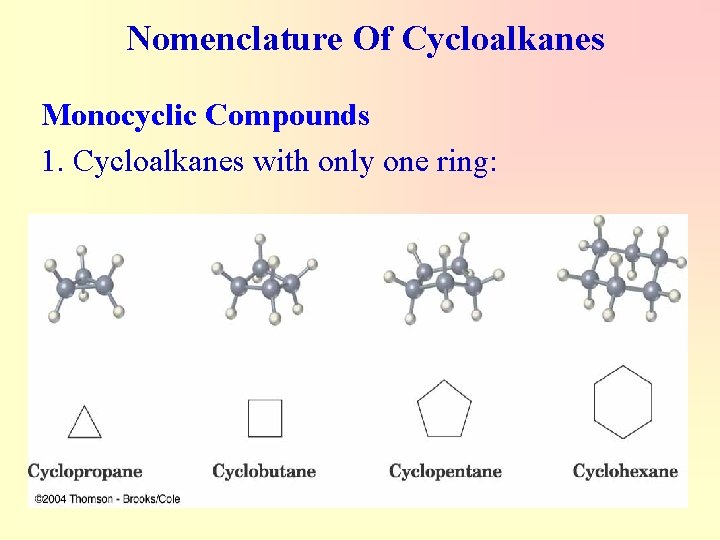 Nomenclature Of Cycloalkanes Monocyclic Compounds 1. Cycloalkanes with only one ring: 