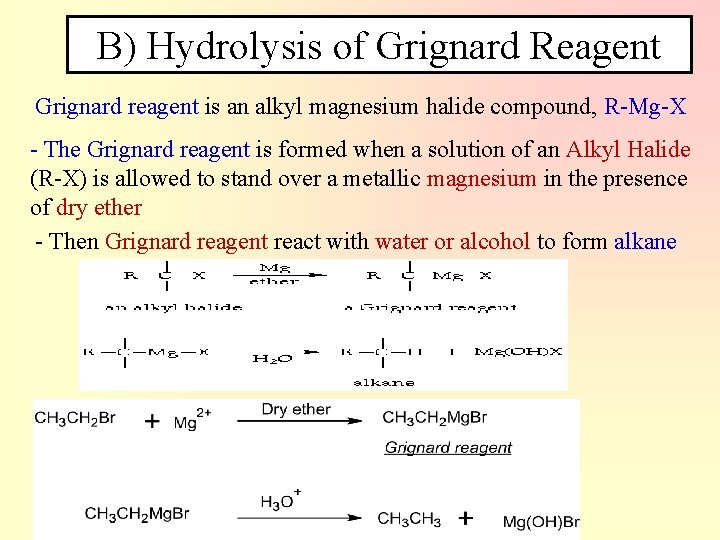 B) Hydrolysis of Grignard Reagent Grignard reagent is an alkyl magnesium halide compound, R-Mg-X