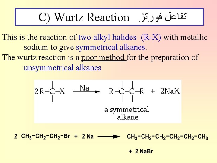 C) Wurtz Reaction ﺗﻔﺎﻋﻞ ﻓﻮﺭﺗﺰ This is the reaction of two alkyl halides (R-X)