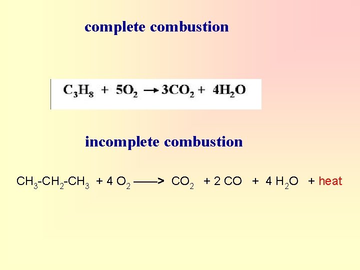 complete combustion incomplete combustion CH 3 -CH 2 -CH 3 + 4 O 2