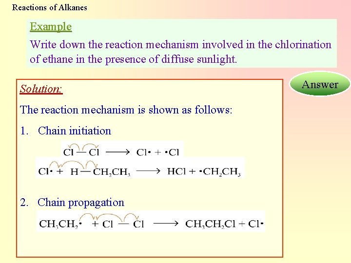 Reactions of Alkanes Example Write down the reaction mechanism involved in the chlorination of