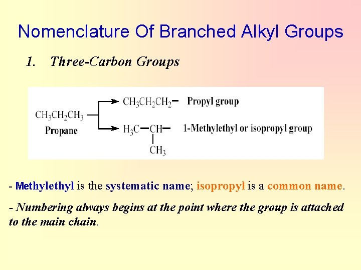 Nomenclature Of Branched Alkyl Groups 1. Three-Carbon Groups - Methyl is the systematic name;