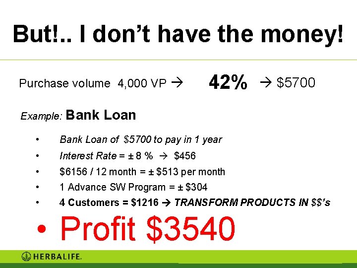But!. . I don’t have the money! Purchase volume 4, 000 VP Example: 42% But!. . I don’t have the money! Purchase volume 4, 000 VP Example: 42%