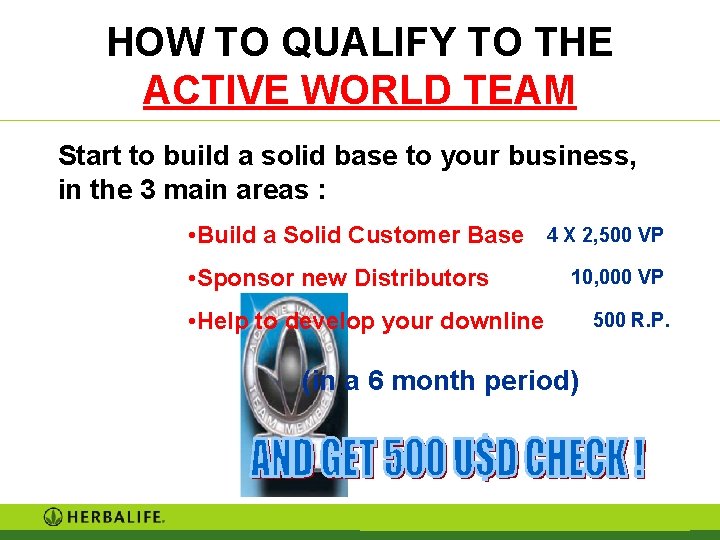 HOW TO QUALIFY TO THE ACTIVE WORLD TEAM Start to build a solid base HOW TO QUALIFY TO THE ACTIVE WORLD TEAM Start to build a solid base