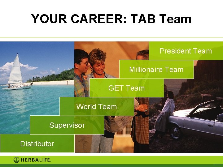 YOUR CAREER: TAB Team President Team Millionaire Team GET Team World Team Supervisor Distributor YOUR CAREER: TAB Team President Team Millionaire Team GET Team World Team Supervisor Distributor
