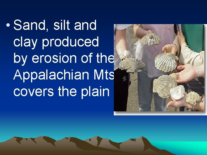  • Sand, silt and clay produced by erosion of the Appalachian Mts. covers