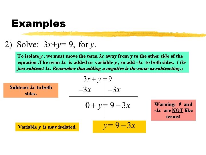 Examples To isolate y , we must move the term 3 x away from