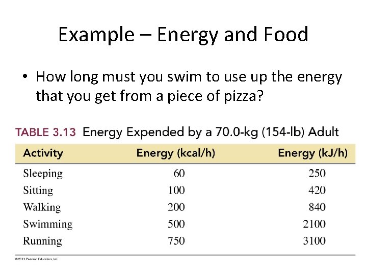 Example – Energy and Food • How long must you swim to use up