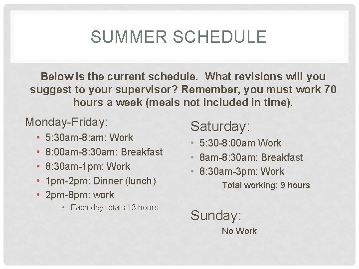 SUMMER SCHEDULE Below is the current schedule. What revisions will you suggest to your