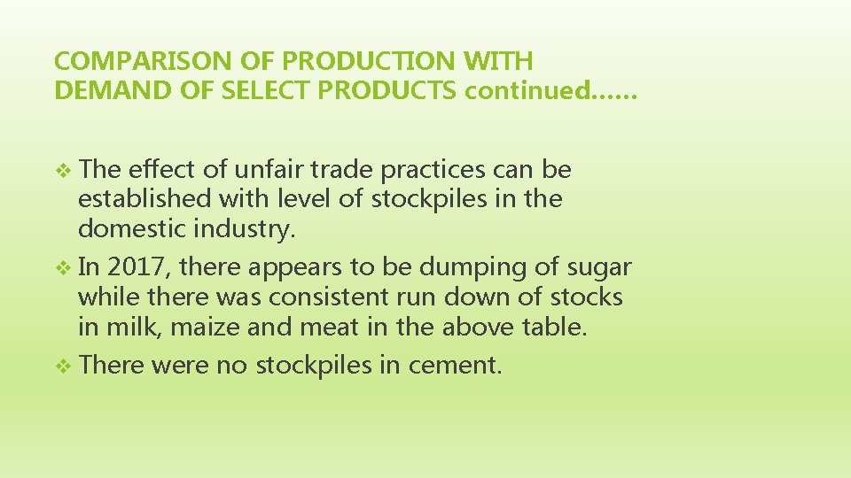 COMPARISON OF PRODUCTION WITH DEMAND OF SELECT PRODUCTS continued…… v The effect of unfair