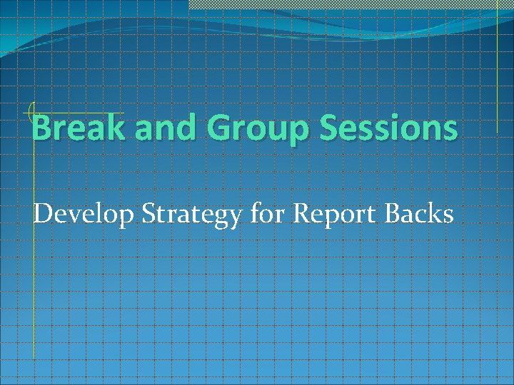 Break and Group Sessions Develop Strategy for Report Backs 