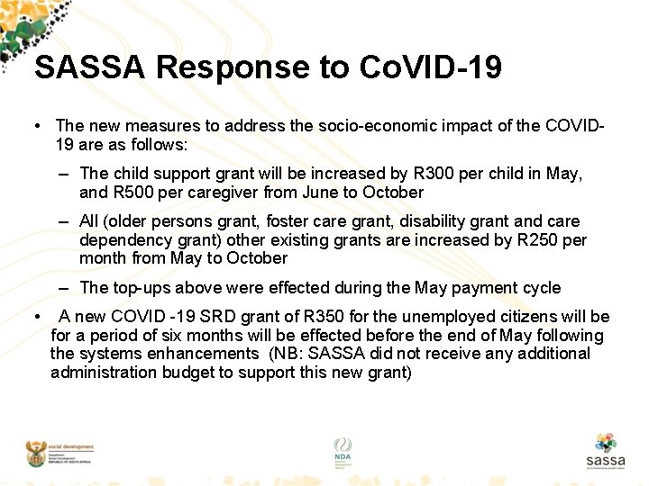 SASSA Response to Co. VID-19 • The new measures to address the socio-economic impact